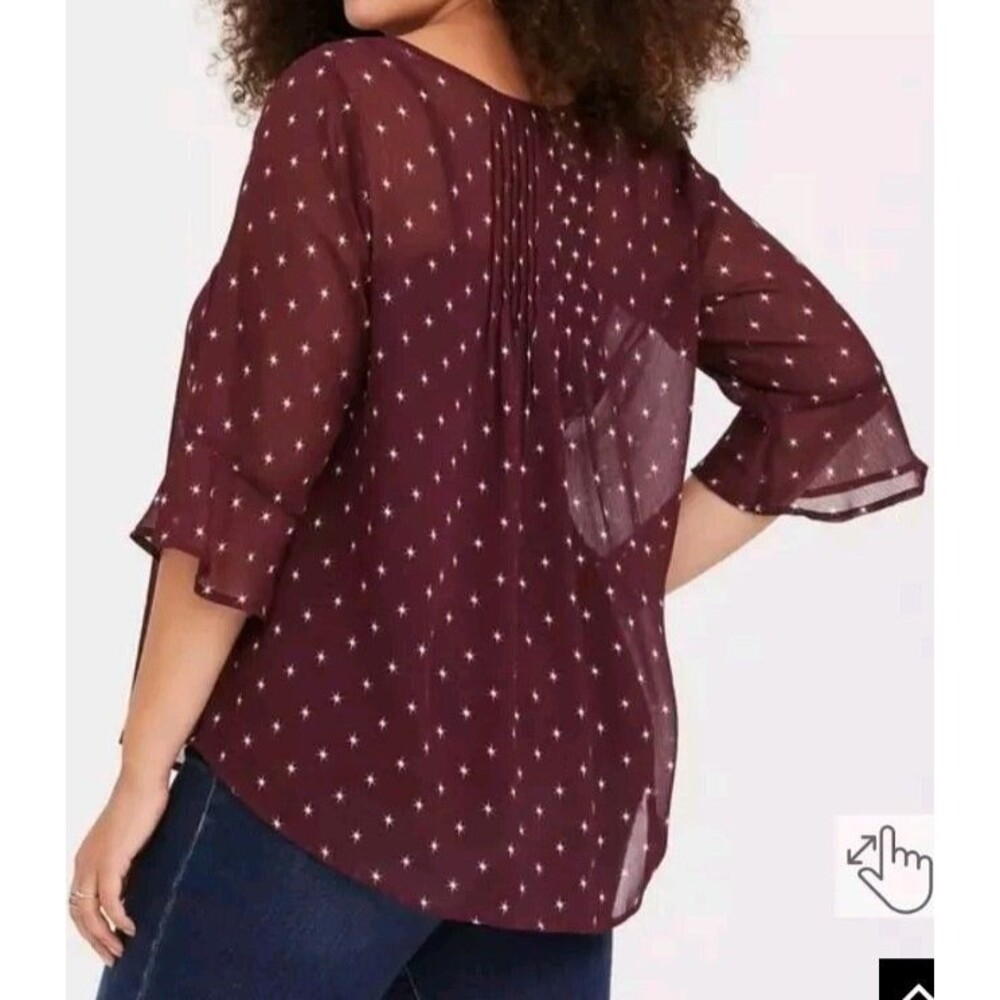 Torrid Burgundy Starburst Georgette Pleated Chiffon Blouse Boho Ruffle Slv Sz L - Picture 4 of 11
